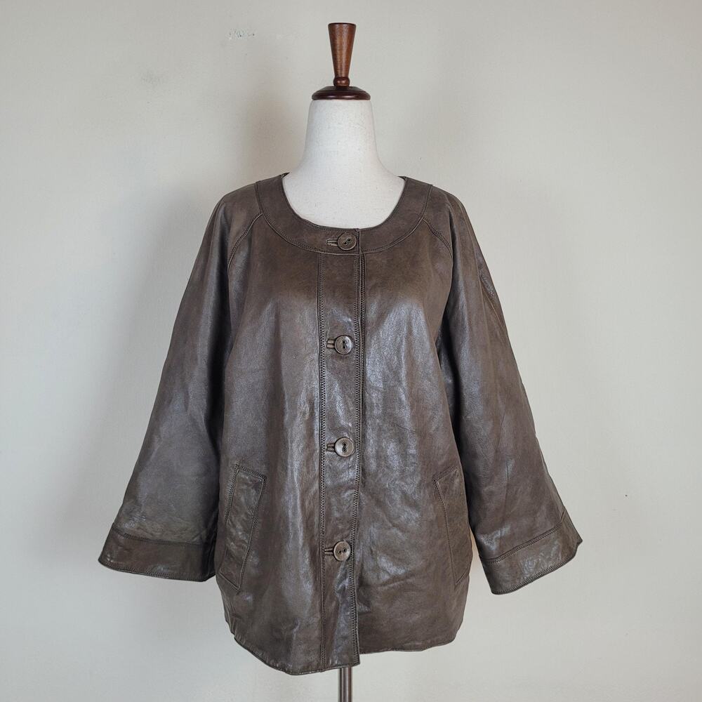 J. Jill Jacket Large Brown Leather Collarless Button Front Swing Relaxed Boxy